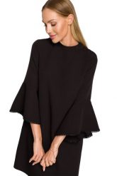 Elegancka sukienka trapezowa z bufiastymi rękawami z falbanami czarna. Czarne sukienki MOE, m, bez wzorów, eleganckie, bez kołnierzyka, bez ramiączek, trapezowe. Za 259.00 zł.