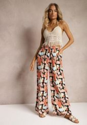Pomarańczowo-Czarne Szerokie Spodnie z Wiskozy High Waist w Kwiaty Wykończone Gumką w Talii Dennea. Brązowe jeansy Renee, na lato, bez wzorów, z jeansu, z podwyższonym stanem. W wyprzedaży za 29.99 zł.
