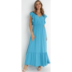 Niebieska Sukienka z Wiskozy Aserus. Niebieskie sukienki Born2be, l, bez wzorów, z tkaniny, bez kołnierzyka, bez ramiączek, maxi, kopertowe. Za 129.99 zł.