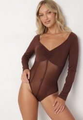 Brązowe Body Vices z Długim Rękawem i Dekoltem w Serek Aleriie. Brązowe body i gorsety Born2be, bez wzorów, z jeansu, bez ramiączek. Za 69.99 zł.