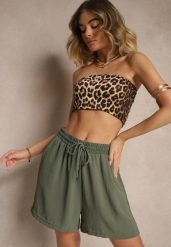 Ciemnozielone Szorty z Wiskozą High Waist Puvione. Zielone szorty Renee, bez wzorów, z wiskozy. W wyprzedaży za 23.99 zł.