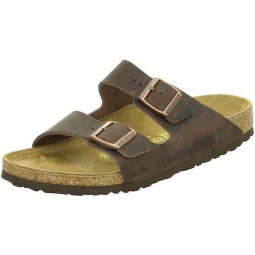 Klapki Birkenstock Arizona. Brązowe klapki Birkenstock, bez wzorów, z jeansu, eleganckie, bez obcasa, bez zapięcia. Za 526.25 zł.