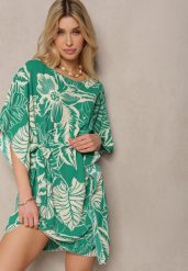 Zielona Kwiecista Sukienka z Krótkim Rękawem i Wiązaniem w Talii Fasila. Zielone sukienki Renee, l, bez wzorów, z materiału, bez kołnierzyka, bez ramiączek, mini. W wyprzedaży za 43.99 zł.