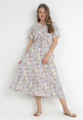 Niebieska Sukienka w Kwiaty z Wiskozy z Gumką w Talii Soriah. Niebieskie sukienki Born2be, l, bez wzorów, z wiskozy, bez kołnierzyka, bez ramiączek, midi. Za 109.99 zł.