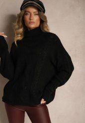 Czarny Golf z Wiskozą w Stylu Oversize z Ozdobnym Splotem Korremi. Czarne swetry Renee, m, bez wzorów, z wiskozy, eleganckie, bez ramiączek. W wyprzedaży za 71.99 zł.