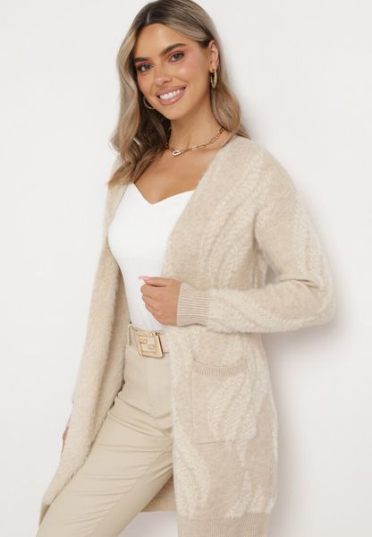 Jasnobeżowy Puszysty Kardigan Niezapinany Heliture. Brązowe swetry Born2be, bez wzorów, z dzianiny, bez ramiączek. Za 99.99 zł.