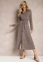 Brązowa Koszulowa Sukienka Midi Ozdobiona Geometrycznym Wzorem i Wiązanym Paskiem Aripel. Brązowe sukienki Renee, l, bez wzorów, z materiału, eleganckie, bez kołnierzyka, bez ramiączek, midi, koszulowe. W wyprzedaży za 143.99 zł.