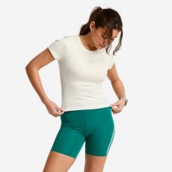Koszulka fitness damska Domyos prążkowana. Niebieskie t-shirty sportowe DOMYOS, m, bez wzorów, z materiału, bez ramiączek, na fitness i siłownię. Za 69.99 zł.