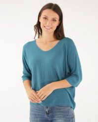 Niebieska bluzka z dzianiny. Niebieskie bluzki Unisono, s, bez wzorów, z dzianiny, bez kołnierzyka, bez ramiączek. Za 139.00 zł.