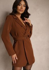 Brązowa Sukienkowa Marynarka Wiązana Paskiem w Talii Ardthana. Brązowe marynarki i żakiety Renee, l, bez wzorów, eleganckie, bez ramiączek. W wyprzedaży za 107.99 zł.