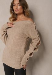 Jasnobeżowy Elegancki Sweter z Dekoltem w Łódkę Zdobiony Guzikami i Wycięciami na Rękawach Dorida. Brązowe swetry Renee, m, z aplikacjami, z jeansu, casualowe, bez ramiączek. W wyprzedaży za 95.99 zł.