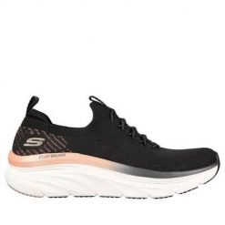 Buty do chodzenia damskie Skechers Dlux. Czarne buty treningowe Skechers, bez wzorów, z materiału, bez zapięcia, na fitness i siłownię. Za 359.99 zł.