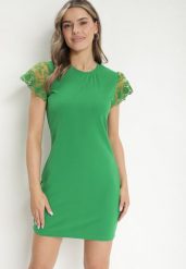 Zielona Dopasowana Sukienka z Koronkowym Rękawkiem Cidariana. Zielone sukienki Born2be, na imprezę, m, bez wzorów, z koronki, eleganckie, bez kołnierzyka, bez ramiączek, mini, dopasowane. Za 89.99 zł.