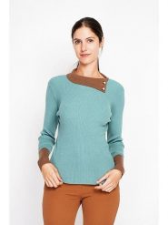 ASSUILI Sweter w kolorze turkusowo-karmelowym rozmiar: 40. Niebieskie swetry Assuili, bez wzorów, ze splotem, klasyczne, bez ramiączek. Za 149.66 zł.