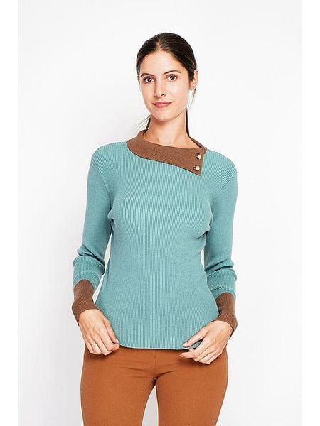 ASSUILI Sweter w kolorze turkusowo-karmelowym rozmiar: 40. Niebieskie swetry Assuili, bez wzorów, ze splotem, klasyczne, bez ramiączek. Za 149.66 zł.