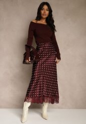 Bordowa Spódnica z Wiskozy High Waist Ozdobiona Kropkami i Koronką Monivia. Czerwone spódnice Renee, na spotkanie biznesowe, bez wzorów, z jeansu, maxi. Za 149.99 zł.
