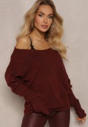 Bordowy Sweter z Lnem Oversize z Dekoltem w Łódkę Sassista. Czerwone swetry Renee, m, bez wzorów, z jeansu, biznesowe, bez ramiączek. W wyprzedaży za 111.99 zł.