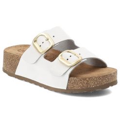 Klapki damskie Yokono, cholewka ze skóry naturalnej licowej z dwoma szerokimi paskami z regulacją na metalowe klamry, białe, Wiwi-003 Opa Blanco. Białe klapki Yokono, bez wzorów, ze skóry, bez obcasa, bez zapięcia. Za 239.00 zł.