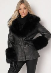 Czarna Kurtka z Imitacji Skóry z Futrzanymi Wstawkami i Paskiem Etinara. Czarne kurtki Born2be, na zimę, l, bez wzorów, z futra, eleganckie, bez kaptura. Za 289.99 zł.