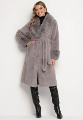 Szary Futerkowy Płaszcz z Szerokim Kołnierzem i Mankietami z Wiązanym Paskiem Viaruna. Szare płaszcze Born2be, l, bez wzorów, z dzianiny, eleganckie, bez kaptura. Za 239.99 zł.