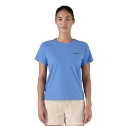 Koszulka trekkingowa damska P-6 Logo Responsibili-Tee Women. Niebieskie t-shirty sportowe Patagonia, s, bez wzorów, bez ramiączek. Za 199.99 zł.