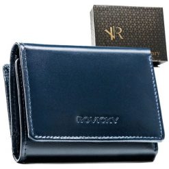 Mały portfel damski ze skóry naturalnej w granatowym kolorze, wyposażony w system RFID - Rovicky. Portfele ROVICKY, bez wzorów, ze skóry. Za 42.00 zł.