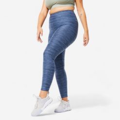 Legginsy fitness damskie Domyos. Niebieskie legginsy DOMYOS, bez wzorów, z materiału, sportowe, długie. Za 49.99 zł.