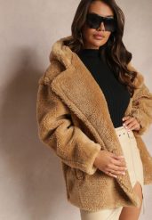 Beżowa Futerkowa Kurtka Teddy z Kapturem z Wsuwanymi Kieszeniami Gerovia. Brązowe kurtki Renee, l, bez wzorów, z jeansu, eleganckie, z kapturem. W wyprzedaży za 129.49 zł.