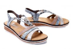 RIEKER V36G4-40 blue combination, sandały damskie. Niebieskie sandały Rieker, bez wzorów, bez obcasa, na koturnie, bez zapięcia. Za 289.90 zł.