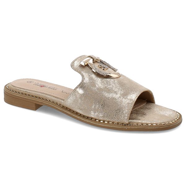 Złote Klapki S.Barski Wygodne Płaskie Obuwie Damskie. Żółte klapki S.BARSKI, bez wzorów, bez obcasa, na płaskiej podeszwie, bez zapięcia. Za 99.99 zł.