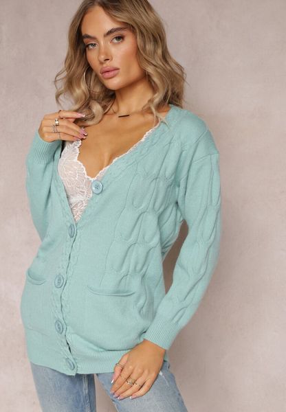 Miętowy Dzianinowy Kardigan z Tłoczeniami o Wydłużonym Fasonie z Kieszeniami Luittis. Zielone swetry Renee, bez wzorów, z bawełny, bez ramiączek. Za 89.99 zł.