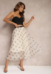 Beżowa Tiulowa Rozkloszowana Spódnica Plisowana z Aplikacjami Serc i Gumką w Pasie Missari. Brązowe spódnice Renee, na co dzień, l, z aplikacjami, z tiulu, eleganckie, midi, plisowane. W wyprzedaży za 35.99 zł.
