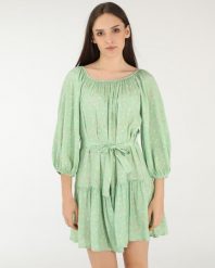 Wzorzysta sukienka mini z paskiem. Zielone sukienki Unisono, l, bez wzorów, z materiału, bez kołnierzyka, bez ramiączek, mini. Za 269.00 zł.