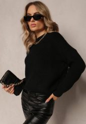 Czarny Sweter Golf z Prążkowanej Dzianiny Ervanna. Czarne swetry Renee, bez wzorów, z dzianiny, bez ramiączek. W wyprzedaży za 63.99 zł.