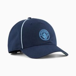 Czapka z daszkiem unisex Puma MCFC KING granatowa 02650204. Niebieskie czapki z daszkiem Puma, bez wzorów, z bawełny, sportowe. Za 92.08 zł.