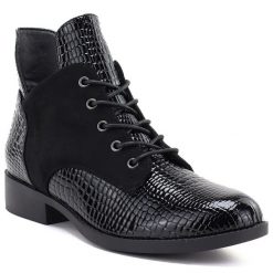 Botki damskie lakierowane kroko czarne Vinceza HX27-16524. Czarne botki VINCEZA, bez wzorów, z lakierowanej skóry, eleganckie, bez obcasa, bez zapięcia. Za 149.99 zł.