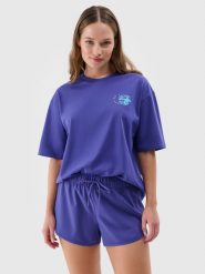 4F T-shirt oversize z nadrukiem damski - fioletowy L. Fioletowe szorty 4f, l, bez wzorów, z bawełny, klasyczne, bez kołnierzyka, bez ramiączek. W wyprzedaży za 29.99 zł.