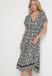 Biało-Czarna Bawełniana Sukienka Rozkloszowana we Wzór Paisley Lanadira. Czarne sukienki Born2be, l, bez wzorów, z bawełny, boho, bez kołnierzyka, bez ramiączek, midi, rozkloszowane. W wyprzedaży za 42.49 zł.