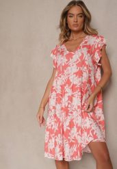 Różowa Kwiatowa Rozkloszowana Sukienka z Bawełny Liravira. Czerwone sukienki Renee, na co dzień, l, bez wzorów, z bawełny, eleganckie, bez kołnierzyka, bez ramiączek, midi, rozkloszowane. W wyprzedaży za 55.99 zł.