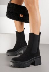 Czarne Botki Typu Sztyblety na Platformie Fesurela. Czarne botki Renee, bez wzorów, z jeansu, bez obcasa, na platformie, bez zapięcia. Za 159.99 zł.