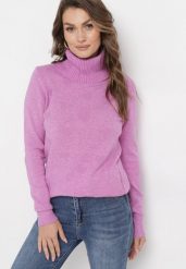 Fioletowy Golf z Miękkiej Dzianiny Oamperie. Fioletowe swetry Born2be, l, bez wzorów, z dzianiny, bez ramiączek. Za 54.99 zł.