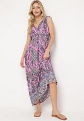 Fioletowa Bawełniana Sukienka w Stylu Boho z Kopertowym Dekoltem i Gumkami w Talii Pioleena. Fioletowe sukienki Born2be, s, bez wzorów, z bawełny, boho, bez kołnierzyka, bez ramiączek, maxi, kopertowe. W wyprzedaży za 41.99 zł.