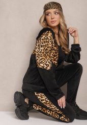 Czarny Komplet Dresowy z Weluru z Panterką Bluza i Spodnie Koriviella. Czarne bluzy Renee, m, z aplikacjami, z dresówki, bez ramiączek, bez kaptura. W wyprzedaży za 71.99 zł.