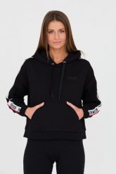 MOSCHINO Czarna bluza z kapturem i lampasami. Czarne bluzy MOSCHINO, s, bez wzorów, bez ramiączek, z kapturem. W wyprzedaży za 699.99 zł.