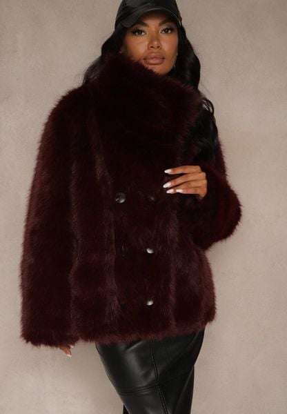 Bordowa Dwustronna Kurtka Biker Ozdobiona Futerkiem Flitta. Czerwone kurtki Renee, s, bez wzorów, z futra, eleganckie, bez kaptura. Za 309.99 zł.