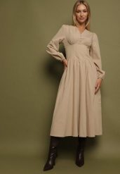 Beżowa Sukienka z Wiskozą o Kroju z Gorsetową Talią i Bufiastymi Rękawami Aniste. Brązowe sukienki Born2be, na co dzień, l, bez wzorów, z poliesteru, eleganckie, bez kołnierzyka, bez ramiączek, gorsetowe. Za 139.99 zł.