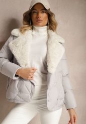 Szara Kurtka Ozdobiona Pikowaniem Kołnierzem z Futerkiem i Napami Deolina. Szare kurtki Renee, na jesień, l, bez wzorów, z futra, eleganckie, bez kaptura. W wyprzedaży za 188.99 zł.