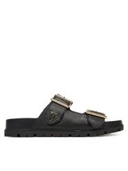 Guess Klapki FLTFST LEA03 Czarny. Czarne klapki Guess, z aplikacjami, ze skóry, bez obcasa, bez zapięcia. Za 439.99 zł.