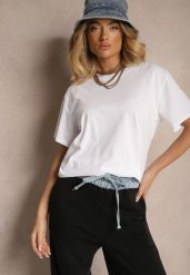 Biały Bawełniany Basicowy T-shirt Lorseli. Białe t-shirty Renee, bez wzorów, z bawełny, eleganckie, bez kołnierzyka, bez ramiączek. W wyprzedaży za 39.99 zł.