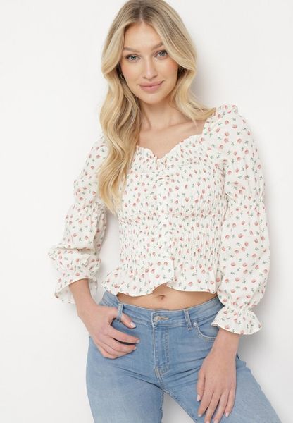 Biało-Różowa Bluzka Ściągana Troczkiem z Długim Rękawem z Falbankami Kapetha. Białe bluzki Born2be, bez wzorów, z jeansu, bez kołnierzyka, bez ramiączek. Za 59.99 zł.